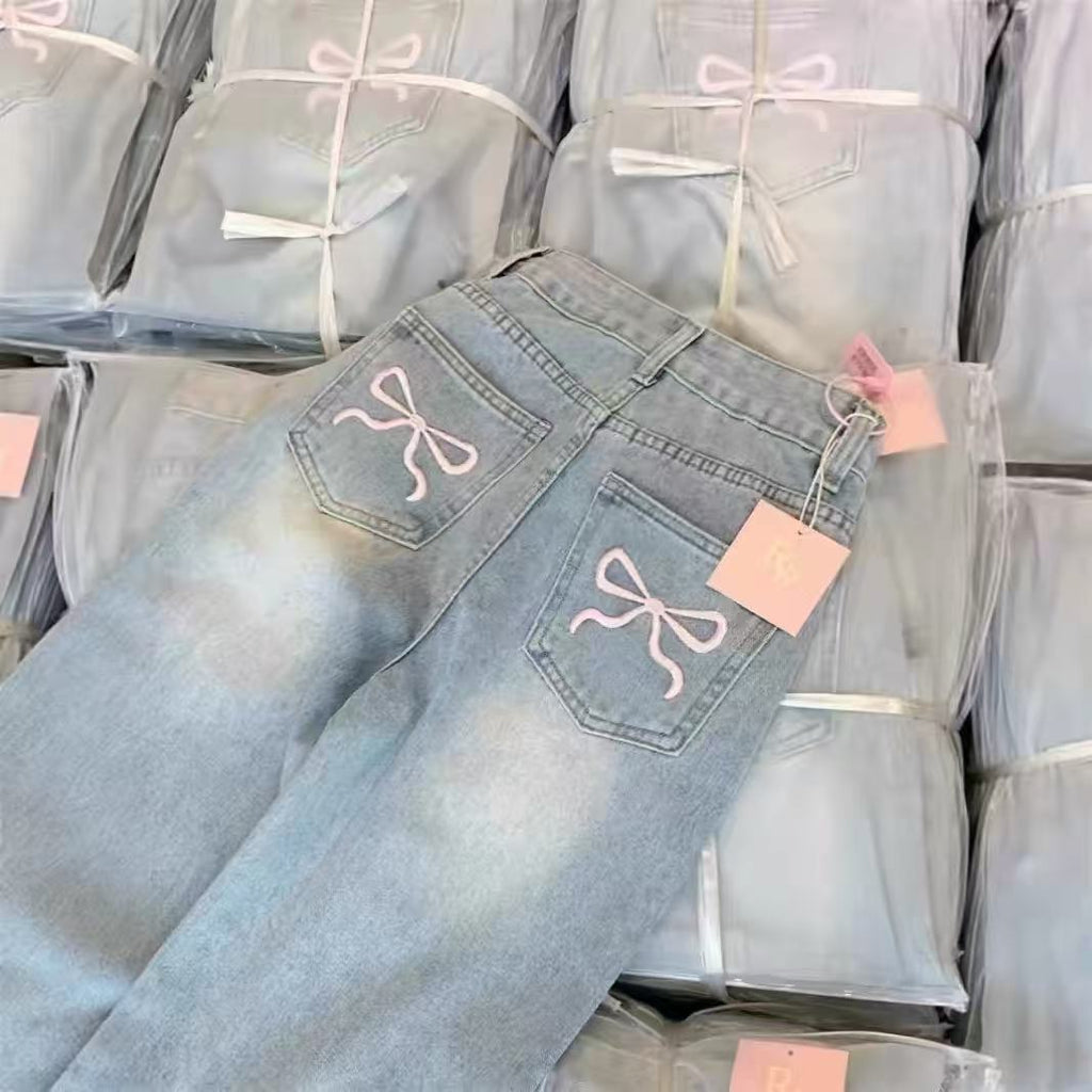Bow Detail Wide-Leg Jeans